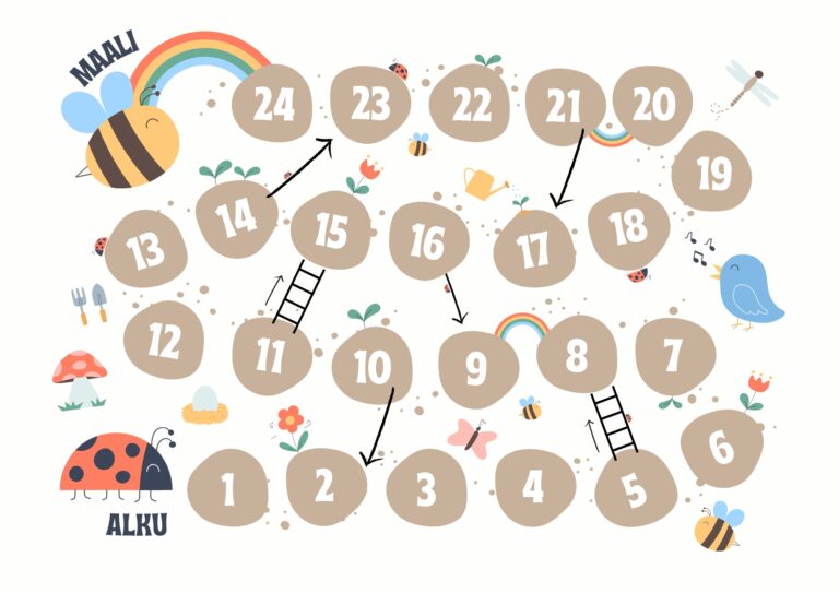 Tulostettava noppapeli: Tikkaat, nuolet ja sateenkaaret