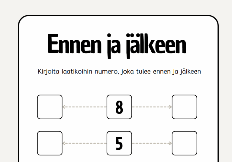 ennen ja jälkeen numerot - harjoitus tulostettava