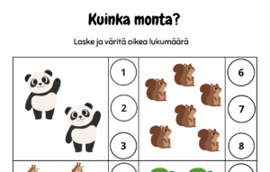 Hauska laske ja väritä - tulostettava tehtävä lapsille! Harjoittele numeroita laskemalla eläimiä ja värittämällä oikea lukumäärä.