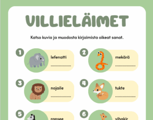 Hauska sekaisin menneet kirjaimet kirjoitustehtävä, järjestä eläinten nimet oikeaan järjestykseen. Sopii eskarilaisille ja alakoululaisille.