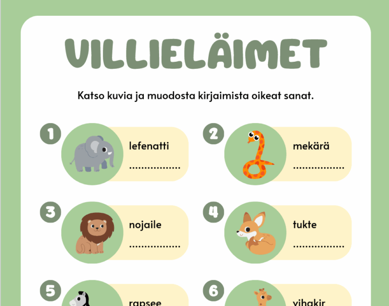 Hauska sekaisin menneet kirjaimet kirjoitustehtävä, järjestä eläinten nimet oikeaan järjestykseen. Sopii eskarilaisille ja alakoululaisille.