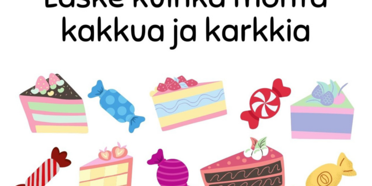 Tulostettava laskemistehtävä -Laske kuinka monta kakkua ja karkkia?