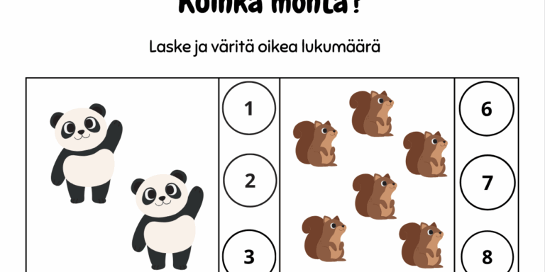 Hauska laske ja väritä - tulostettava tehtävä lapsille! Harjoittele numeroita laskemalla eläimiä ja värittämällä oikea lukumäärä.