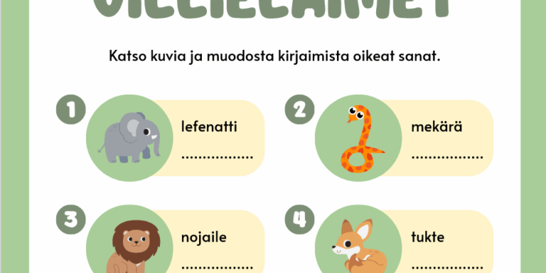 Villieläimet ja sekaisin menneet kirjaimet kirjoitustehtävä Hauska sekaisin menneet kirjaimet kirjoitustehtävä, järjestä eläinten nimet oikeaan järjestykseen. Sopii eskarilaisille ja alakoululaisille.
